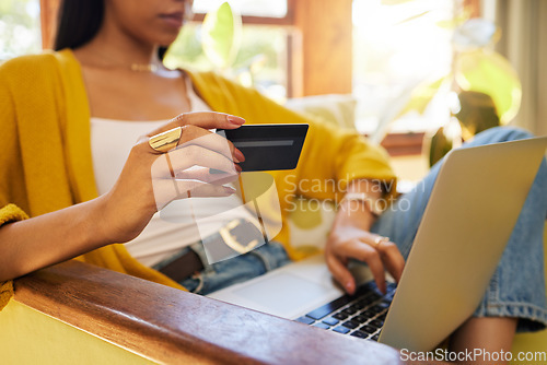 Image of Woman, laptop and credit card with ecommerce, closeup of hands with online shopping and bank app. Female relax at home, fintech and internet banking with payment, retail store website and finance