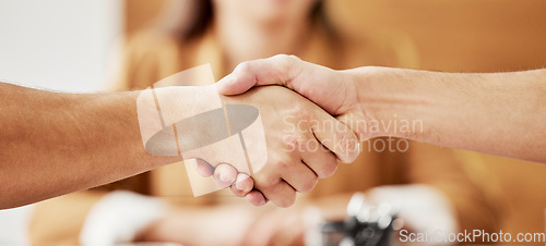 Image of Business people, handshake and meeting for b2b, partnership or team collaboration at office. Employees shaking hands in teamwork, trust or agreement for deal, greeting or introduction at workplace