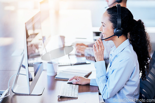 Image of Call center, computer and consulting with woman in office for customer service, technical support or help desk. Telemarketing, contact us and communication with employee for legal advice and operator