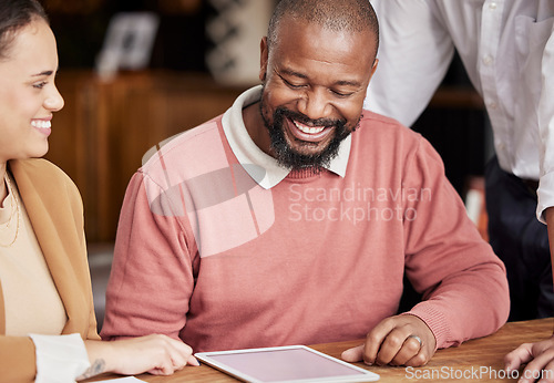 Image of Tablet, teamwork and smile with business people in office for planning, website and research mockup. Happy, solution and technology with black man in meeting for review, project management and mentor