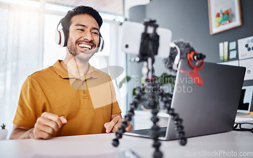 Image of Smile, streaming and an Asian man with a phone for a video call, communication or podcast. Happy, laughing and entrepreneur talking on a webinar, mobile broadcast or recording conversation in office