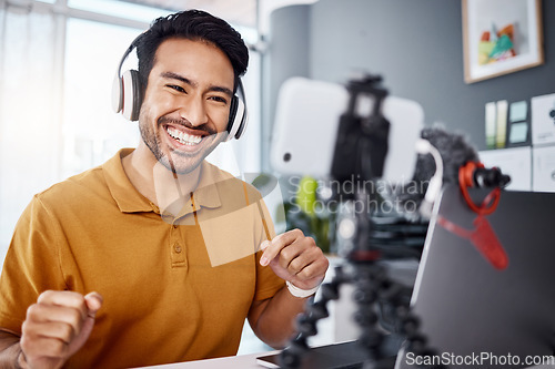 Image of Happy, work and an Asian man with a phone for a video call, communication or podcast. Smile, laughing and an entrepreneur talking on a webinar, mobile broadcast or recording conversation in an office