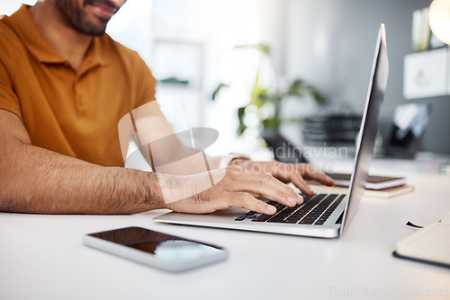 Image of Hands typing, laptop and office with man, planning schedule or research on internet for seo job. Businessman, computer and website management in startup company with analysis, report or communication
