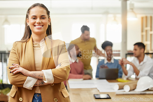 Image of Smile, business and arms crossed with portrait of woman in meeting for planning, leadership and project management. Creative, training and strategy with employee in office for workshop and teamwork