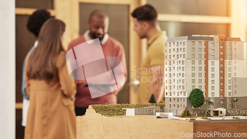 Image of Architecture team, tablet and city model in office for construction planning, development and strategy. Business people, architect teamwork and 3d illustration of buildings, property and mockup space