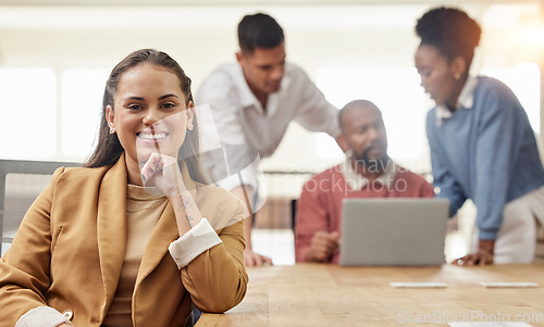 Image of Happy, confidence and portrait of a businesswoman in a meeting in the conference room of the office. Leadership, smile and professional female manager working on a project with employees in workplace