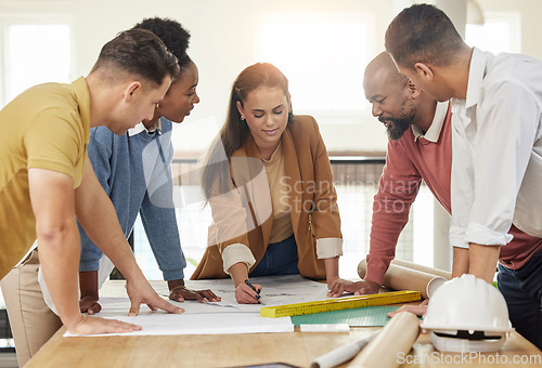 Image of Teamwork, architecture and business people in meeting for planning, discussion and engineering design. Collaboration, construction and men and women talking with blueprint, floor plan and documents