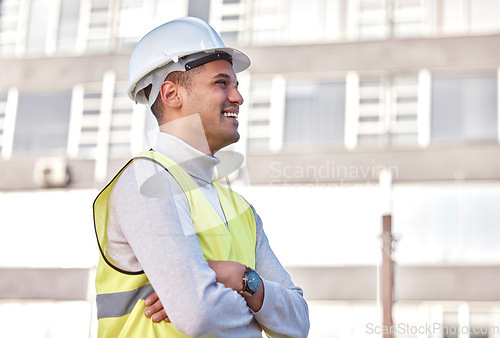 Image of Construction worker, vision or arms crossed and a man architect standing on a building site with vision. Engineering, happy and smile with a male contractor working in the architecture industry