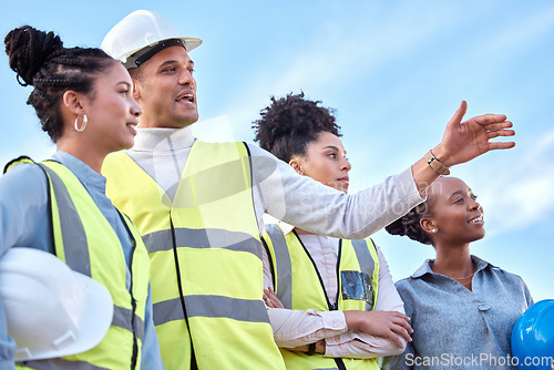 Image of Architect, team and leadership in construction for planning, collaboration or brainstorming ideas on site. Group of contractor people in teamwork inspection, development or diversity in architecture