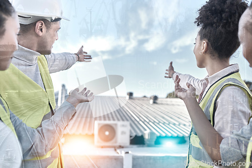 Image of Technician, roof or engineering people pointing to air conditioning, design overlay or electrical power generator. Electrician group, contractor or person showing sky for sustainable electricity plan