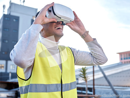 Image of Happy man, architect or VR building with smile in city for construction, simulation or digital layout on site. Male contractor, engineer or builder excited for virtual reality or 3d architecture plan