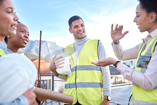 Image of Architect, teamwork and meeting in construction collaboration for planning or brainstorming together on site. Group of contractor people in team discussion, development or ideas for architecture