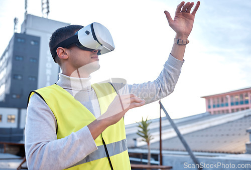 Image of Man, architect and VR in the city for construction, simulation or digital layout for project on site. Male contractor, engineer or builder in virtual reality or building for architecture plan or idea