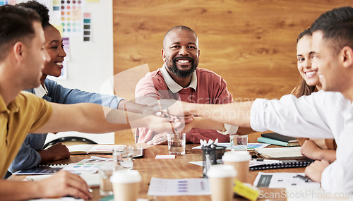 Image of Hands together, business people and portrait of meeting success and company collaboration. Conference room, happiness and smile of corporate administrator team with diversity support and teamwork