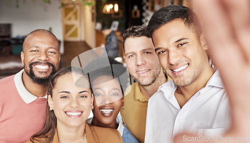 Image of Business people, portrait smile and selfie for profile picture, team building or social media post at the office. Group of happy employee workers smiling for photo, memory or vlog at the workplace