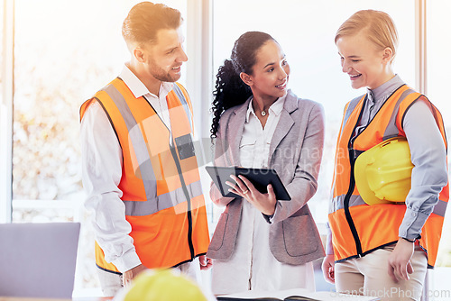 Image of Business people, architect and tablet in meeting for construction, planning or brainstorming ideas at the office. Engineering contractor in teamwork, collaboration or architecture plan on technology