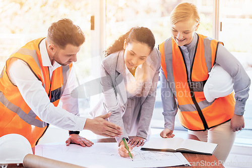 Image of Architecture, planning and blueprint with people in office for project management, drawing and engineering. Floor plan, documents and teamwork with group of contractors for designer and construction