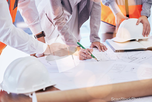 Image of Architecture, planning and blueprint with hands of people for project management, drawing and engineering. Floor plan, documents and teamwork with group of contractors for designer and construction