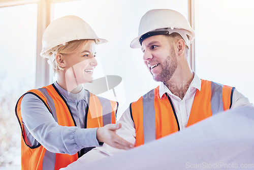 Image of Business people, architect and planning with blueprint for construction, teamwork or site project at the office. Man and woman contractors in team strategy for building, floor plan or architecture