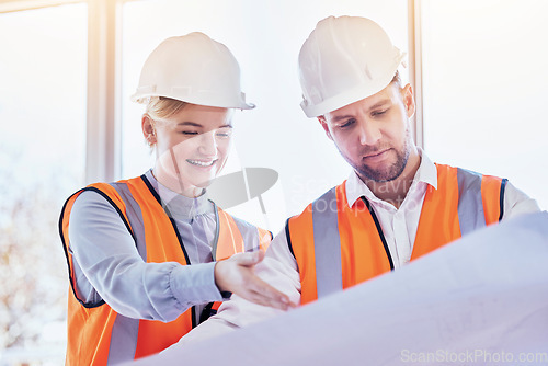 Image of Architect, teamwork and planning with blueprint for construction, idea or site project at the office. Man and woman contractors in team strategy for building, floor plan or architecture at workplace