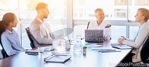 Image of Business people, meeting and collaboration in conference planning, strategy or brainstorming ideas at office. Group of employee workers in team discussion, communication or project plan at workplace