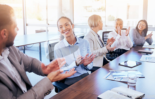 Image of Business people, meeting and applause for winning, collaboration or team success in conference at the office. Group of happy employee workers clapping in teamwork, win or achievement at the workplace