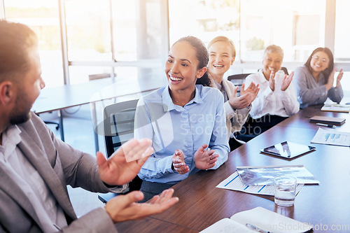 Image of Business people, meeting and applause for winning, teamwork or success in conference at the office. Group of happy employee workers clapping in team collaboration, win or achievement at the workplace