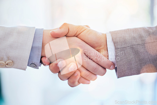 Image of Business people, handshake and meeting for deal, partnership or team collaboration at office. Employees shaking hands in teamwork, trust or b2b for agreement, greeting or introduction at workplace