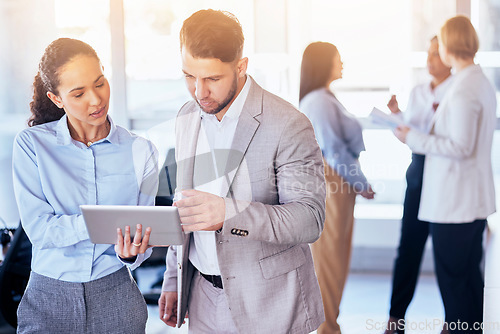 Image of Business people, tablet and planning in management for meeting, teamwork or corporate strategy at office. Serious employee workers checking team data on technology for project ideas in collaboration