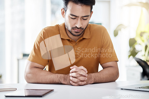 Image of Business, office and man praying, faith and hope for career, job or work opportunity with god help, support or gratitude. Trust, worship and young person with prayer hands or sign for religion