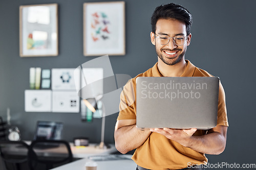 Image of Research, laptop and happy man in office thinking, smile and excited on blurred wall background. Leader, vision and asian businessman online for planning, goal or design agency startup in Japan