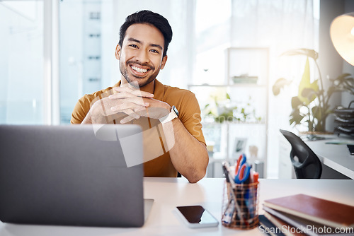 Image of Success, confidence and portrait of a businessman in the office with a laptop working on a corporate project. Happy, smile and professional male employee doing research on computer in the workplace.