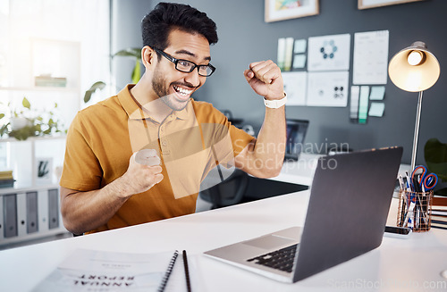 Image of Yes, winning and business man on laptop reading news, results or email of bonus, promotion or office success. Celebration, cheers and happy asian person or winner fist pump and celebrate on computer