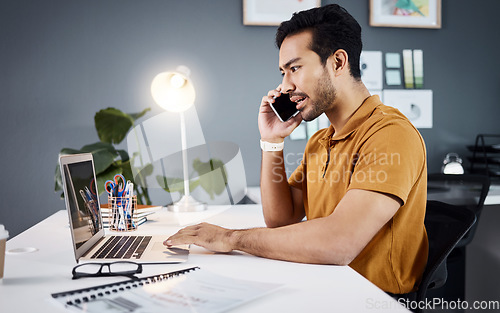 Image of Phone call, stress and Asian man with problem on laptop with glitch, mistake and error in office. Communication, business and upset male worker on computer talking, frustrated and consulting for help