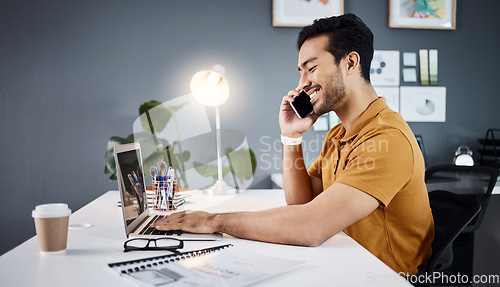 Image of Laptop, phone call and Asian man with a smile, business and communication in workplace. Male employee, entrepreneur and creative with coffee, smartphone and connection for discussion and planning