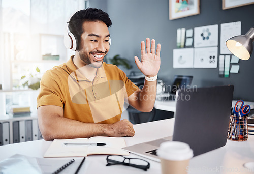 Image of Man, headphones and laptop, video call with smile and wave hello, remote work with workshop webinar. Communication, working from home and virtual meeting seminar, happy male freelancer and internet