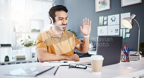 Image of Man, headphones and laptop, video conference with smile and wave hello, remote work with webinar. Communication, working from home and virtual meeting seminar, happy male freelancer and internet