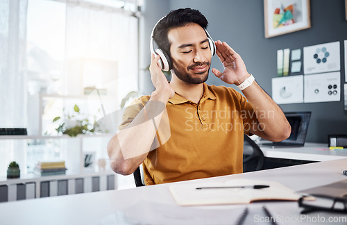 Image of Man, remote work and headphones while listening to music, happy and enjoy audio playlist. Male copywriter with eyes closed, freelance and blogger working from home, technology and online streaming