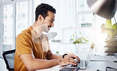 Image of Business, laptop and man typing, smile and planning for new project, productivity and upgrade website. Male employee, consultant and worker with technology, happiness and ideas with online reading