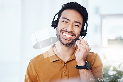 Image of Happy man with smile in portrait, call center and contact us with telecom, headset and microphone with CRM. Male consultant, communication and technology with customer service job and help desk agent