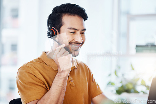 Image of Happy man with smile, callcenter and phone call with contact us, headset and microphone with CRM. Male consultant, communication and tech with customer service job, telecom and help desk agent