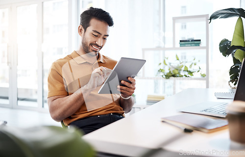 Image of Business man, tablet and smile in office for productivity, professional planning and internet research. Happy male worker, digital technology and scroll app on website, online information and insight