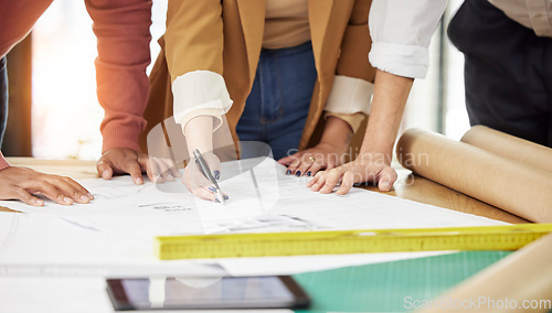 Image of Teamwork, architecture and hands of people with blueprint for planning, discussion and engineering design. Collaboration, construction and men and women with illustration, floor plan and drawing