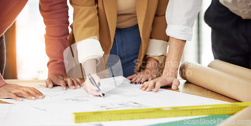 Image of Drawing, architecture and hands of people with blueprint for planning, discussion and engineering design. Collaboration, construction and men and women with illustration, floor plan and paperwork