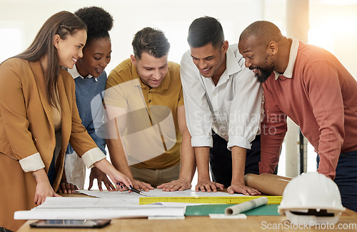 Image of Teamwork, architecture and business people with blueprint for planning, discussion and engineering design. Collaboration, construction and men and women with illustration, floor plan and paperwork