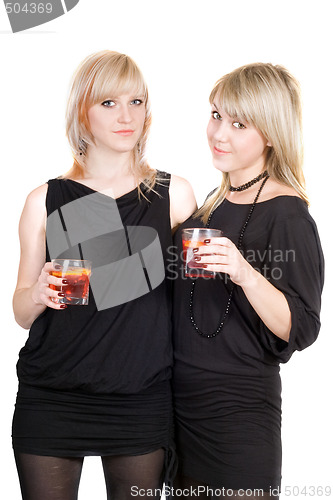 Image of Two young beauty blonde with cocktails. Isolated 