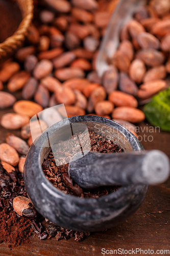 Image of Cocoa beans in stone mortar