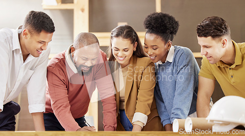 Image of Teamwork, architecture and business people in discussion for planning, meeting and engineering design. Collaboration, construction and men and women talking with blueprint, floor plan and documents