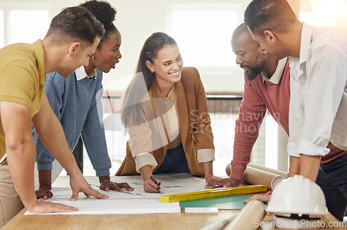 Image of Planning, architecture and business people in meeting for blueprint, discussion and engineering design. Teamwork, construction and happy men and women with illustration, floor plan and paperwork