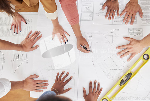 Image of Blueprint, architecture and hands of people drawing for planning, floor plan and engineering design. Teamwork, construction and above of men and women for illustration, meeting and building ideas